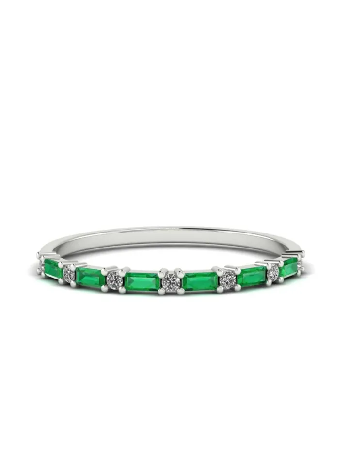HALF ETERNITY RING | Baguette Emerald Diamond Ring | Green Gemstone 14k Gold Ring Band | Stacking May Birthstone Ring | Gift For Anniversary