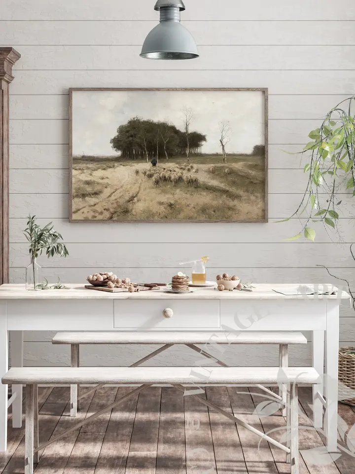 Flock of Sheep Print, Vintage Landscape Oil Painting, Large Printable Farmhouse Wall Art, Digital | 22