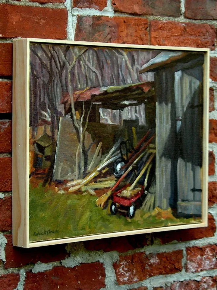 14x18 Landscape Painting -Old Shed/Radio Flyer- Oil on Canvas, Plein Air Contemporary Impressionist Oil, Signed Original Realist Fine Art