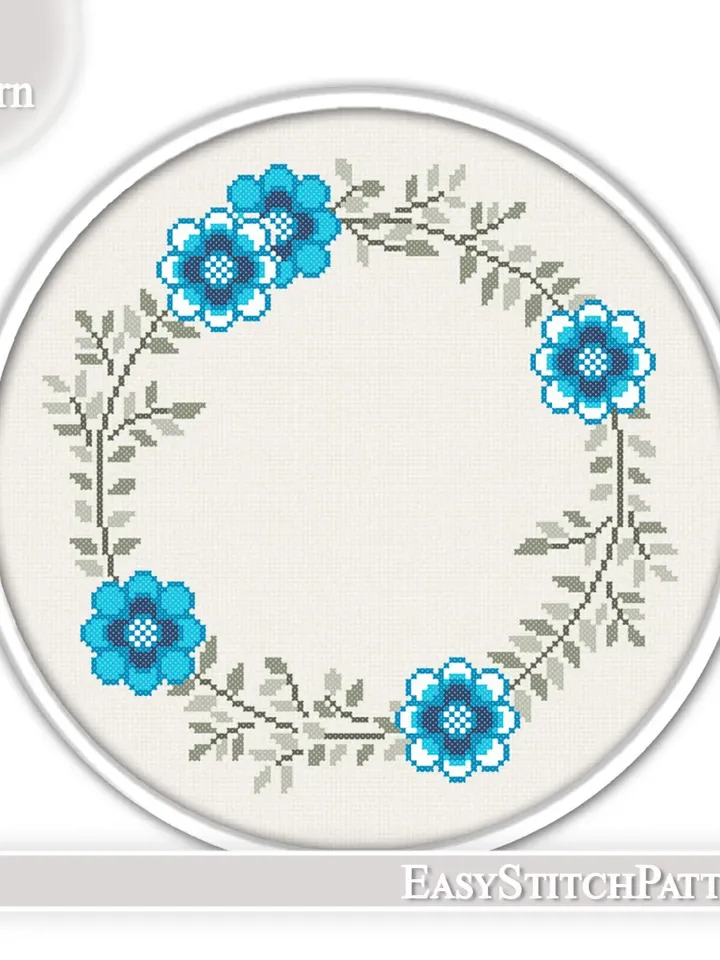 Floral Wreath cross stitch pattern. Flower frame cross stitch. Modern cross stitch.