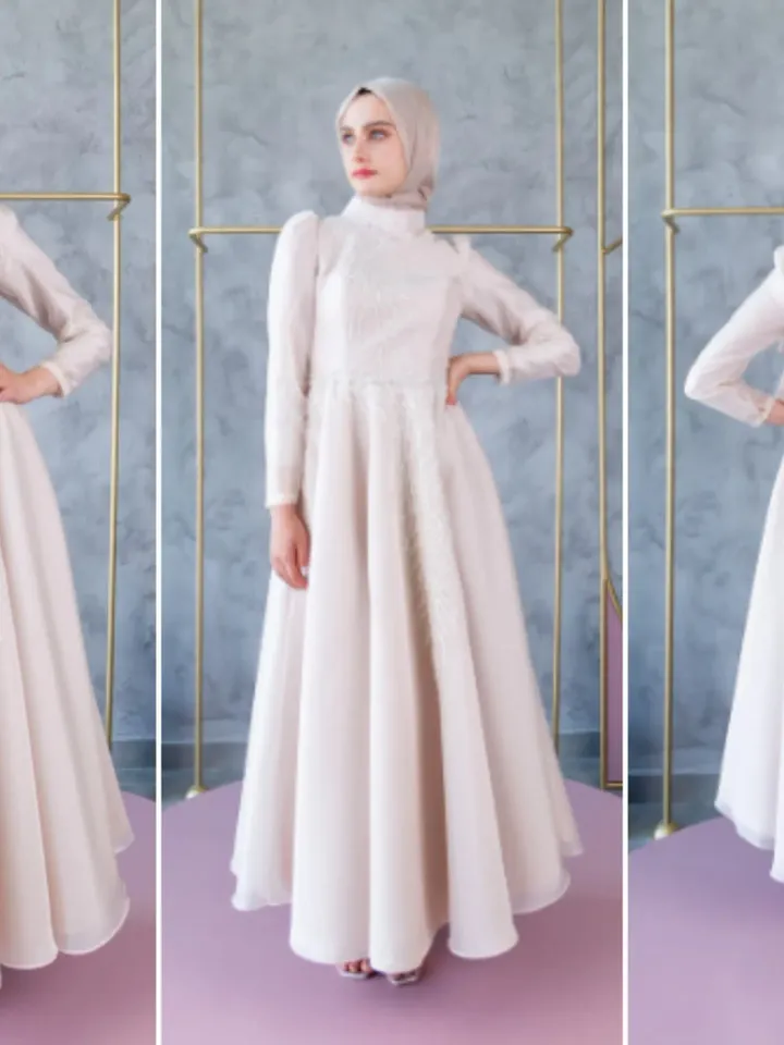 Mimoza Cream Embroidered Ahunare Wedding Dress, Muslim Evening Gown, Nikah, Islamic Wedding, Engagement, Bridesmaid, Maxi Dress