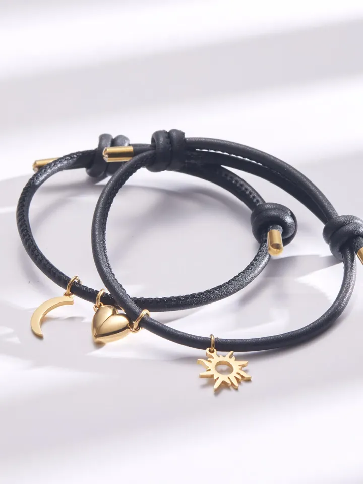 PERIMADE Magnetic Heart Couple Bracelet • Matching Sun Moon Charm Bracelet • Long Distance Relationship Jewelry • Trendy Best Friend Gift