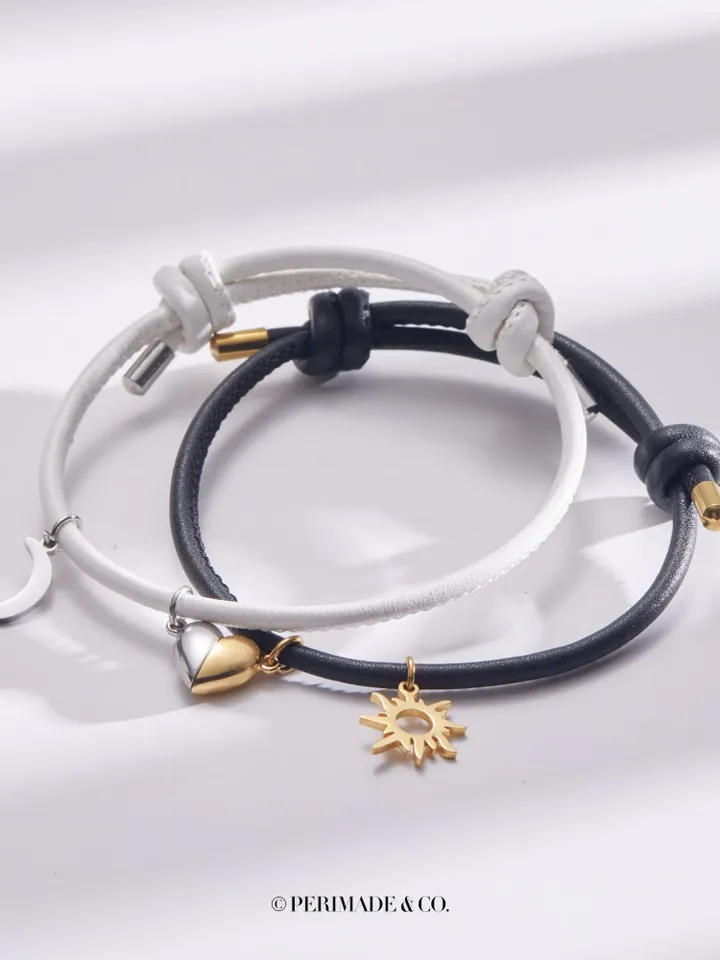 PERIMADE Magnetic Heart Couple Bracelet • Matching Sun Moon Charm Bracelet • Long Distance Relationship Jewelry • Trendy Best Friend Gift