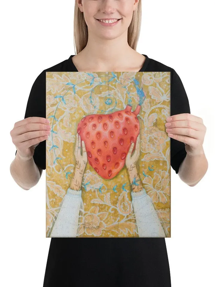 Big heart in hands, Strawberry heart, print on canvas from the original work by Ukrainian artist Aleksandra Paranchenko, Wall décor