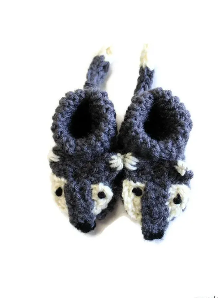 Knit Gray Fox Baby Shoes with Faces and Tail, Great Stocking Stuffers for Baby's First Christmas, Baby Socks, Woodland Baby Shower Gift Idea