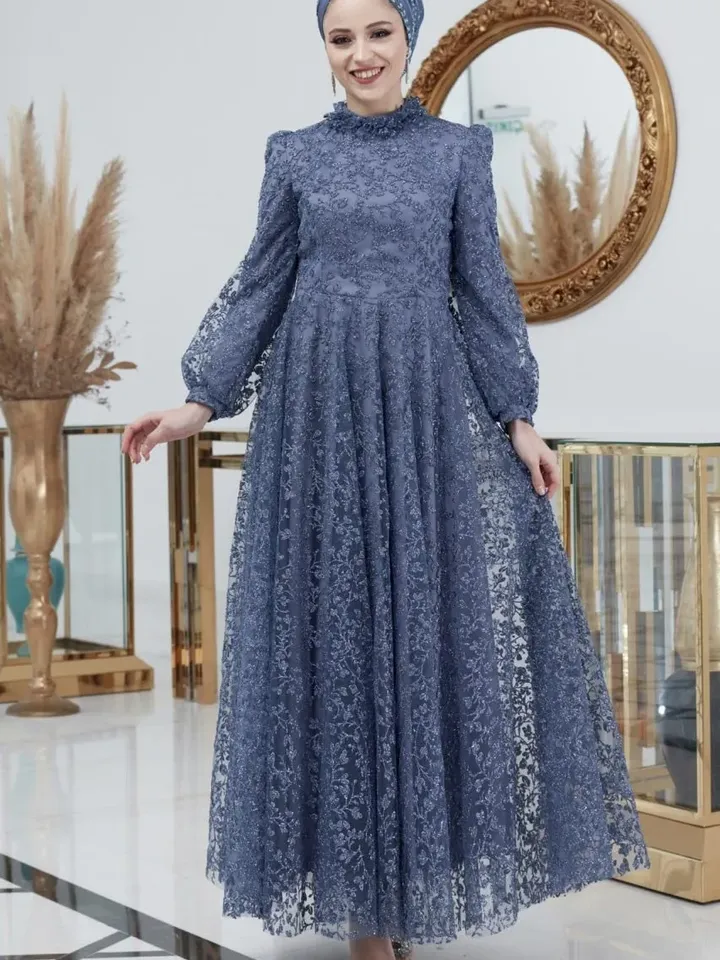 AHUNARE HIJAB - Orkide Blue Tulle Wedding Dress, Muslim Evening Gown, Nikah, Islamic Wedding, Engagement, Bridesmaid,