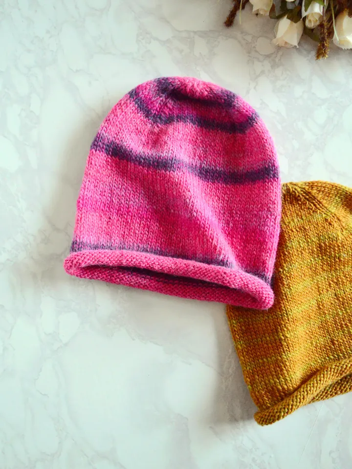 Bright pink knit beanie hat for women