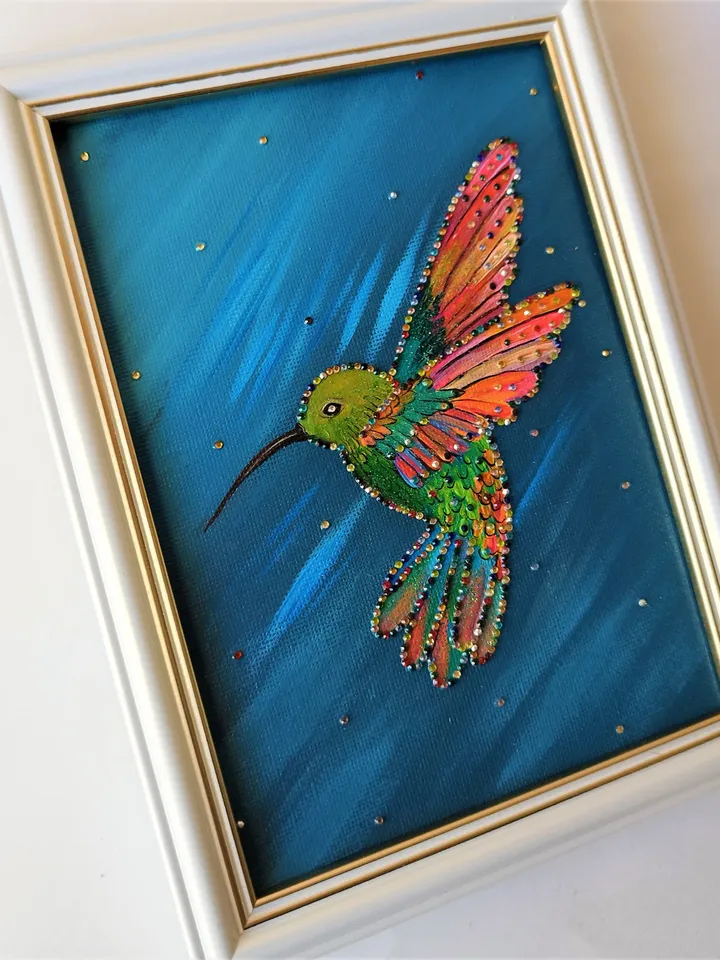 Hummingbird Painting Little Bird Original Painting with Crystals Hummingbird Wall Decor Impasto Painting Bird Art Canvas