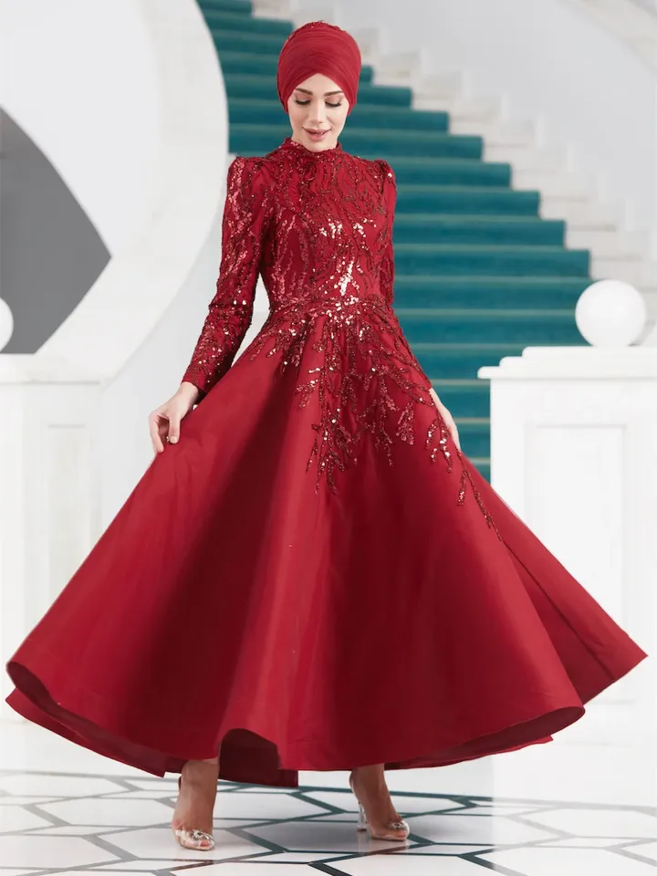 AHUNARE HIJAB - Yıldız Burgundy Embroidered Wedding Dress, Muslim Evening Gown, Nikah, Islamic Wedding, Engagement, Bridesmaid,