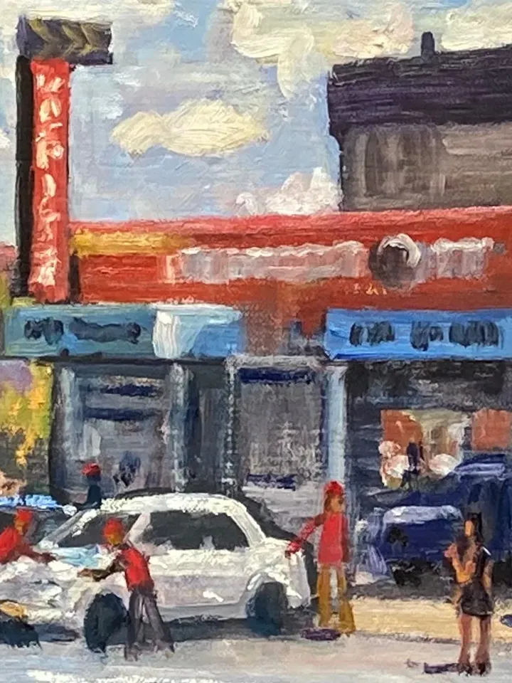 New York Cityscape Painting -Broadway Bridge Car Wash/Inwood NYC- 14x20 Oil on Canvas, Signed Original Urban Impressionist Landscape