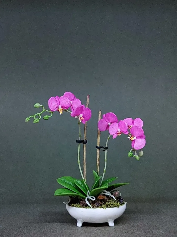 Orchid miniature Dollhouse 1:12, Dollhouse Orchid in a Pot, Miniature Fuchsia Orchid in a white pot,Orchid 1:12 in a pot