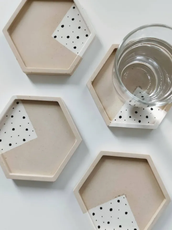 Jesmonite hexagonal trays / coasters in neutral colours with dots