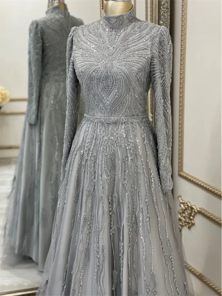 AHUNARE HIJAB - Hayal  Grey Embroidered Tulle  Wedding Dress, Muslim Evening Gown, Nikah, Islamic Wedding, Engagement, Bridesmaid,