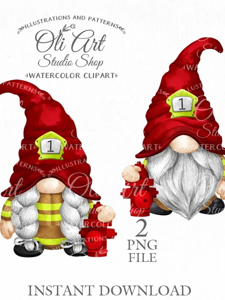 Firefighter Gnome Clipart. Fire Hydrant, Hand Drawn Graphics, Instant Download. Digital Download. OliArtStudioShop