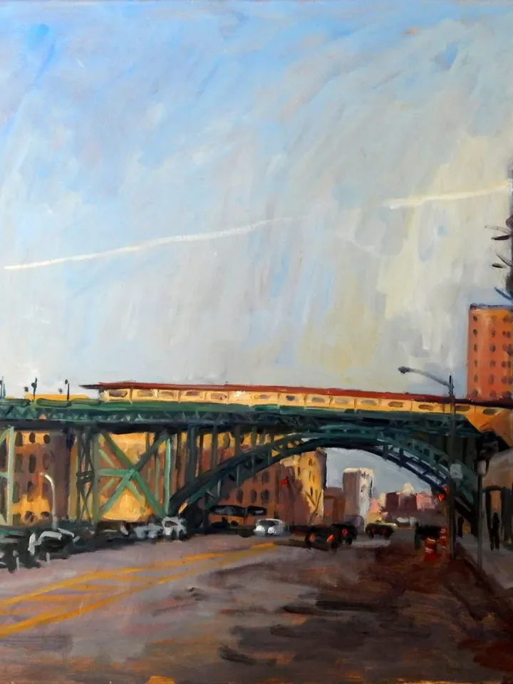 Large New York Cityscape Painting - From W 125th St/Broadway Subway Station/NYC - 22x28 Oil on Canvas, Signed Original Fine Art