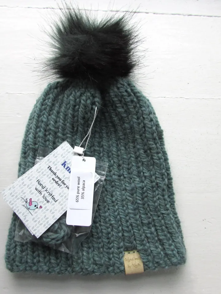 Super chunky rib beanie, green alpaca and wool, M size