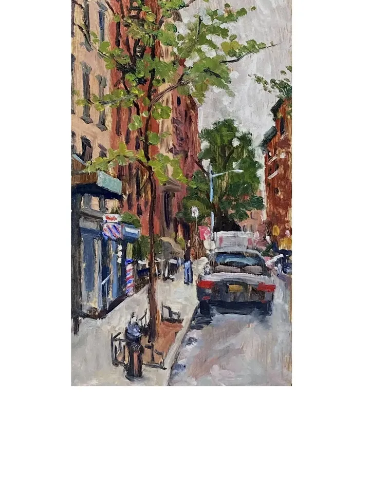Small East Village Cityscape Painting - 7th St Rain/NYC - 5x10 New York Urban Impressionist Fine Art, Original Plein Air Realist Landscape