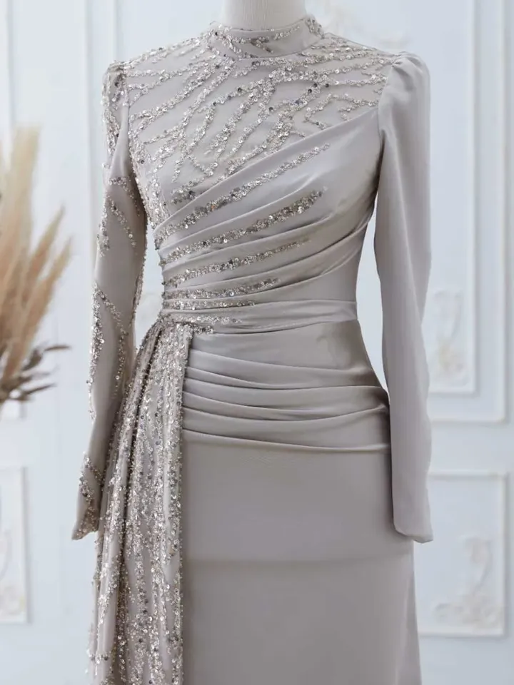 Güneş Cream Side-Tailed Satin Embroidered Ahunare Wedding Dress, Muslim Evening Gown, Islamic Wedding, Engagement, Bridesmaid, Maxi Dress