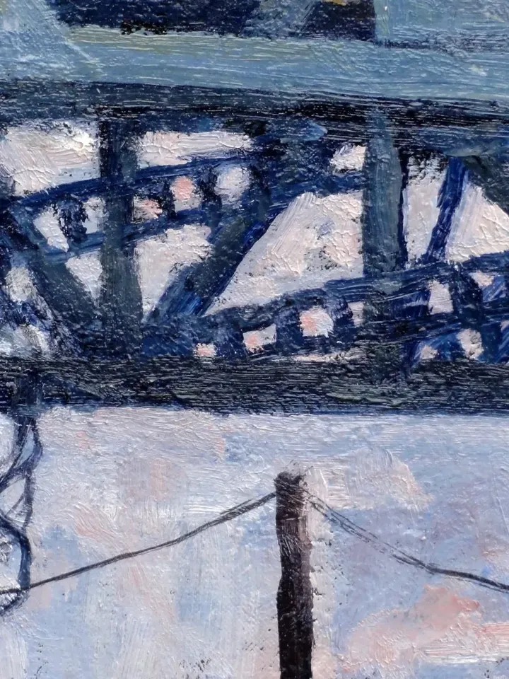 Original Vintage Greenpoint Cityscape Painting - Under the Kosciuszko Bridge/Brooklyn/NYC - 14x18 Oil on Canvas, New York Landscape