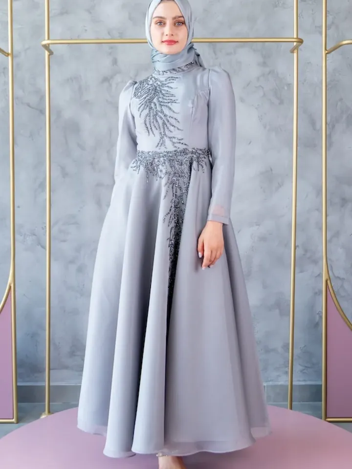 Mimoza Grey Embroidered Ahunare Wedding Dress, Muslim Evening Gown, Nikah, Islamic Wedding, Engagement, Bridesmaid, Maxi Dress