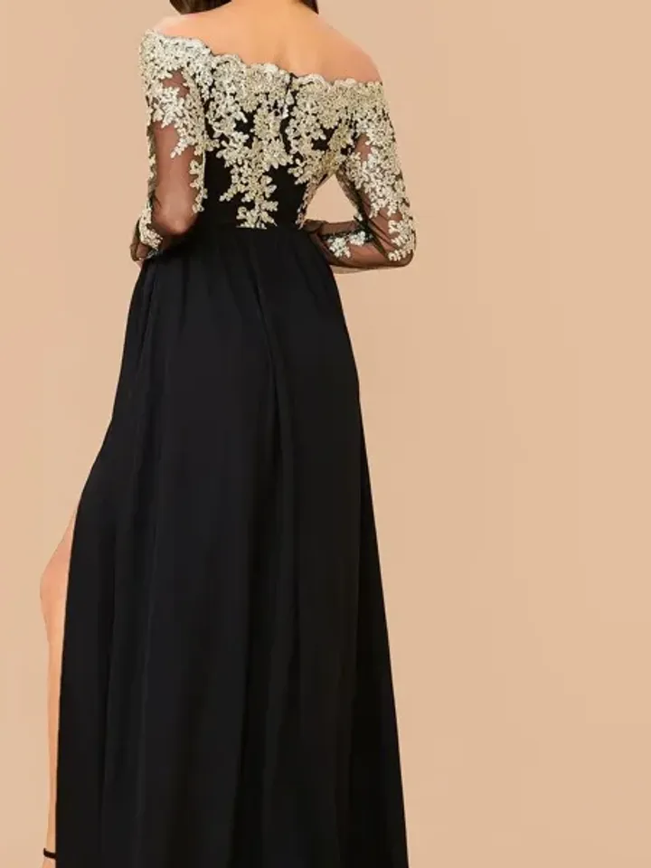 Floral Embroidered Off the Shoulder Long Sleeve Split Thigh Fit and Flare Dress Wedding Party Evening Prom Cocktail Club Xmas Christmas