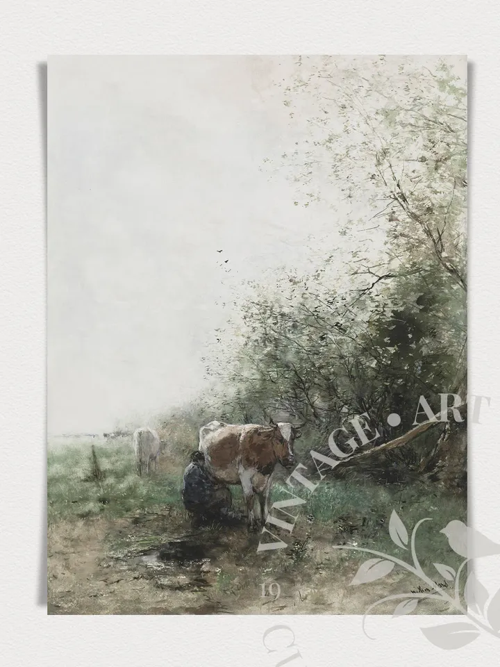 Large Farmhouse Wall Art Cow Milking Painting, Vintage Printable Home Decor, Digital Downloadable | 331
