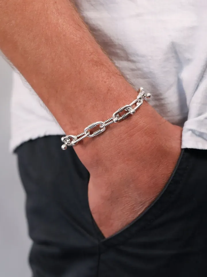 Edgy U Link Chain Bracelet Men Women, Rock Style Gold Silver Ball End Horseshoe Chain w/ Toggle Clasp, Stacking Bracelet Horse Shoe Links