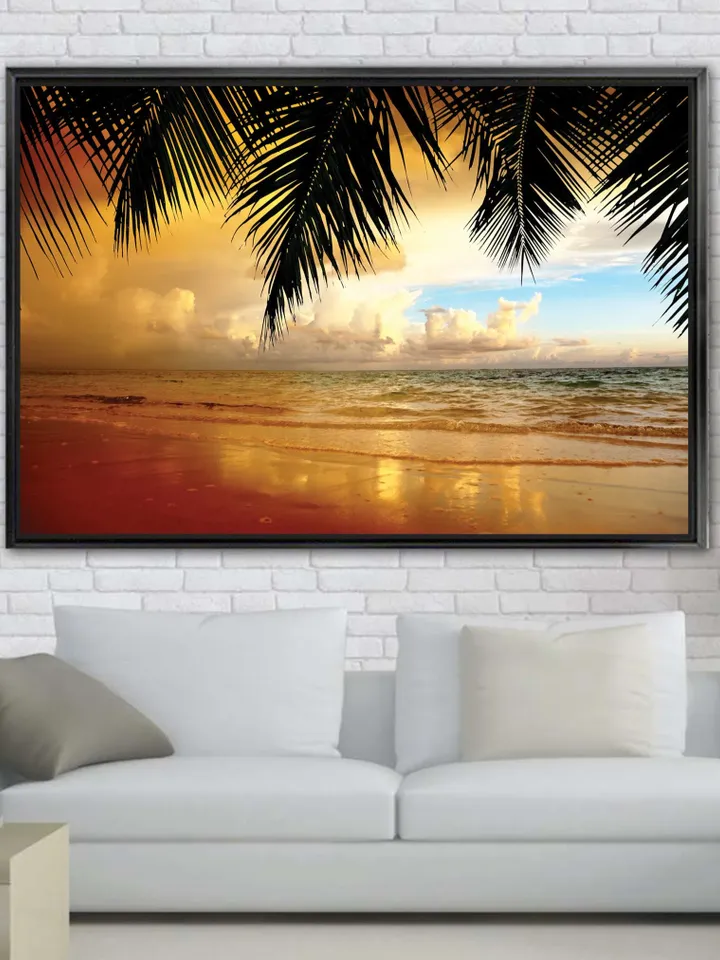 Palm and Sea Landscape Print on Canvas , Floating Frame Option, Modern Wall Art, Extra Large Canvas Wall Art