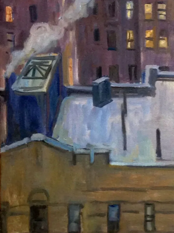 Large Original New York Cityscape Painting -Snowy Rooftops/NYC- 22x30 Oil on Canvas, Winter Impressionist Night Scene, Signed Landscape