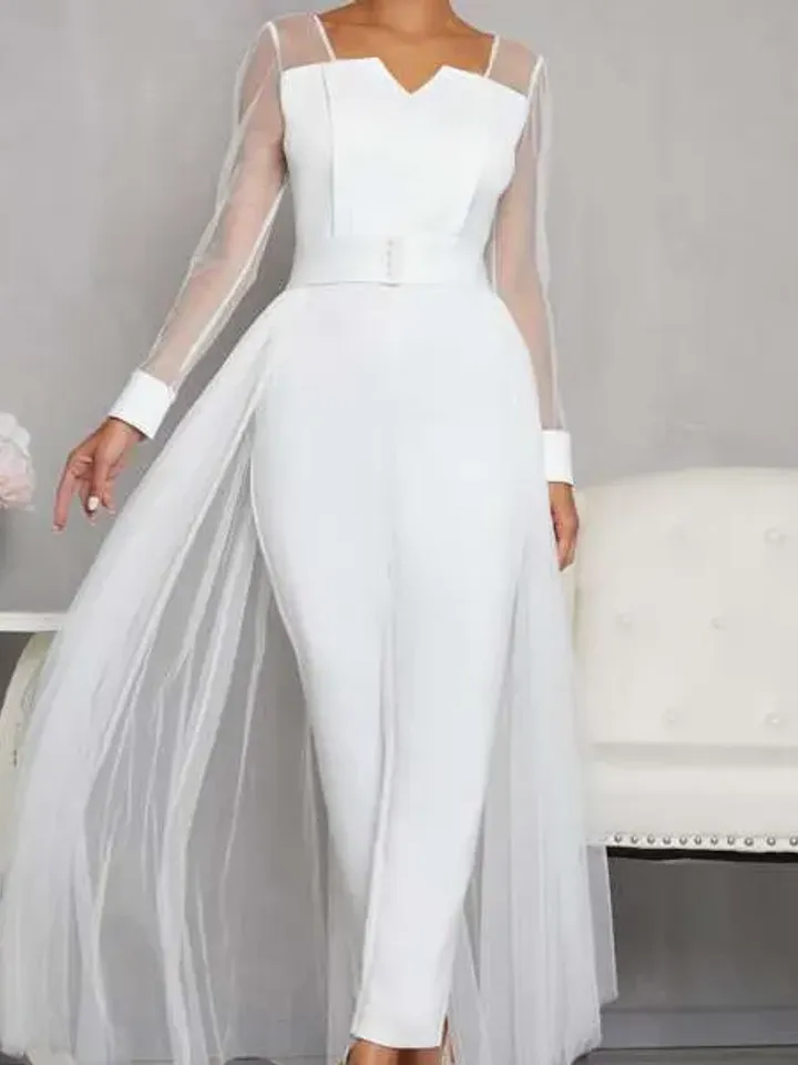 Solid Notched Neck Long Sleeve Pearl Beaded Waist Jumpsuit With Mesh Skirt