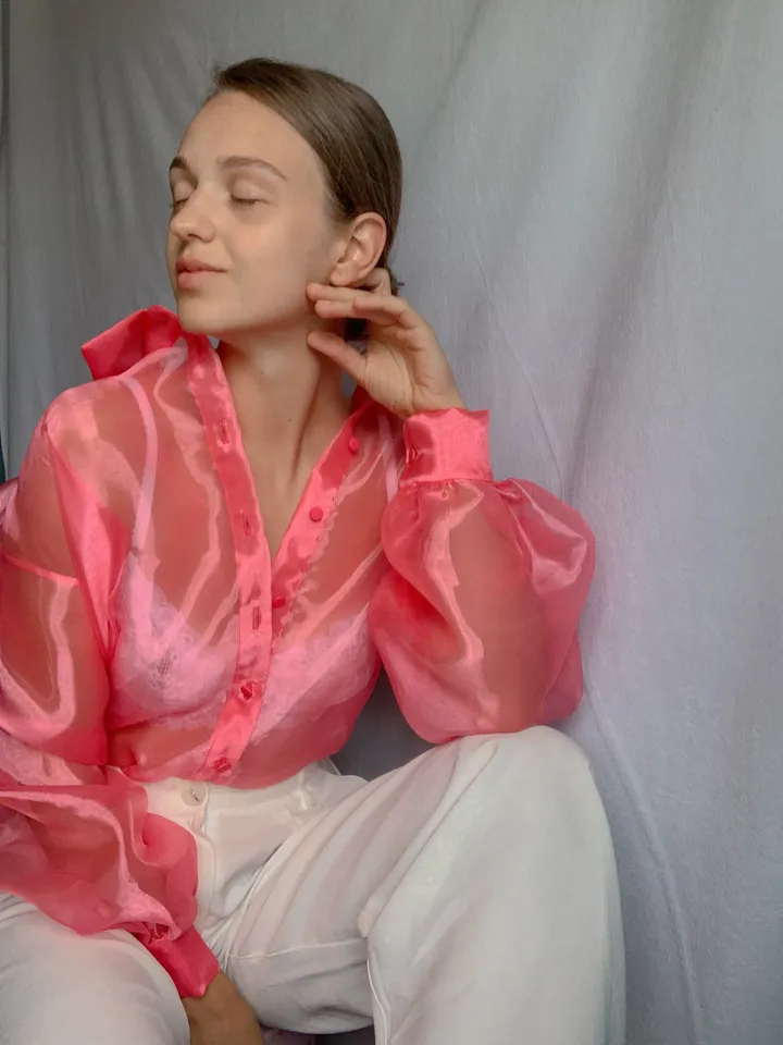 Pirate blouse woman, Transparent organza blouse, Sheer blouse, Victorian sheer shirt, Blouse with voluminous long sleeves