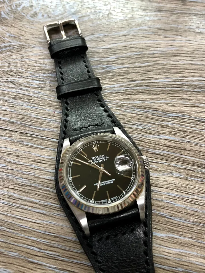 Black Leather watch Straps, Full Bund Straps 20mm, Mens Cuff Wrist Watch Band 19mm, Personalise, Black outfit, Valentines Day Gift ideas