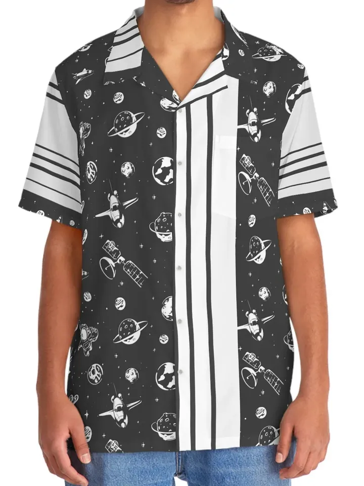 Spaceman Hawaiian Shirt | Short Sleeve Space Hawaiian Aloha Button Shirt, Tropical Christmas Vacation Top, Polyester Summer Beach Gift
