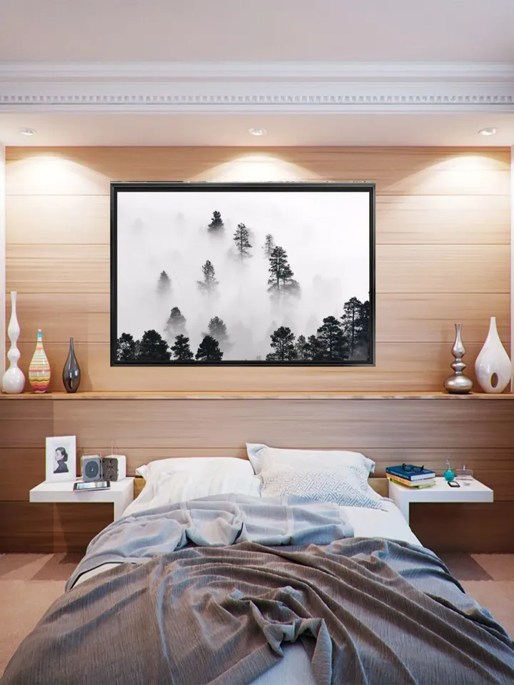 Foggy pines Landscape Print on Canvas , Floating Frame Option, Modern Wall Art, Extra Large Canvas Wall Art