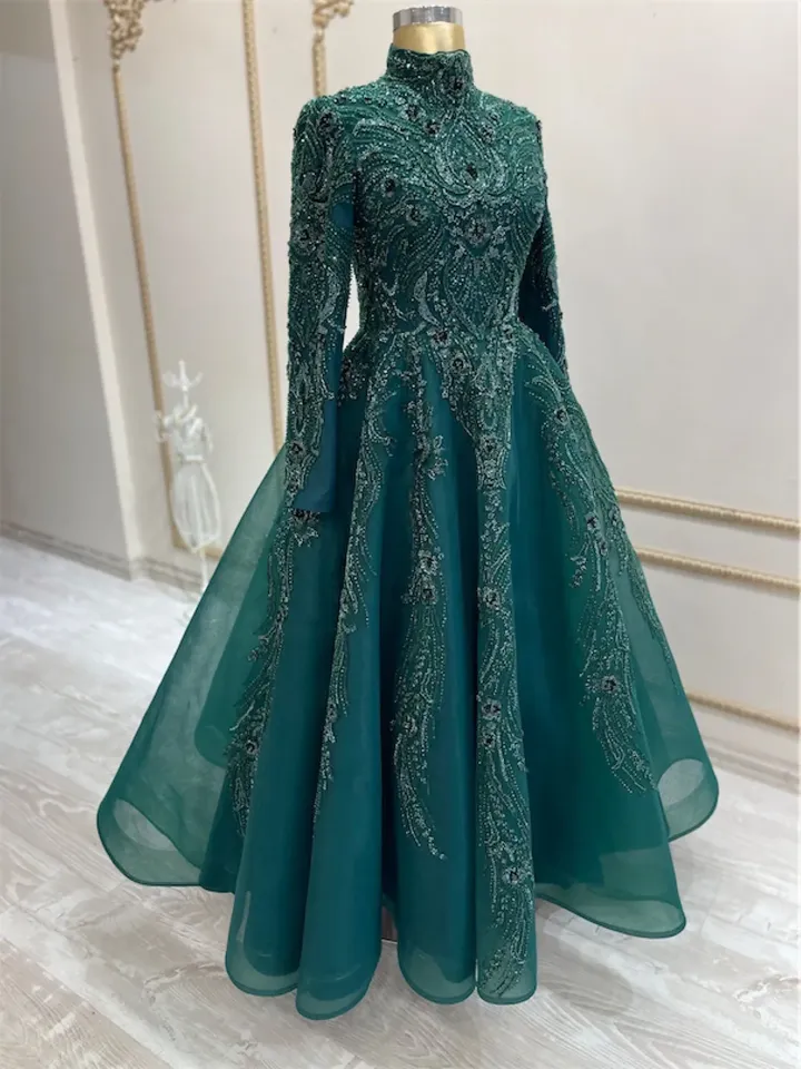 AHUNARE HIJAB - Lal Emerald Embroidered Wedding Dress, Muslim Evening Gown, Nikah, Islamic Wedding, Engagement, Bridesmaid,