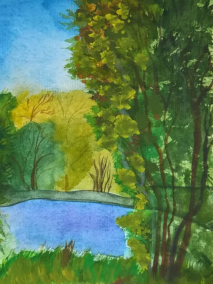 Watercolor painting of a birch and a river Autumn landscape in a watercolor painting Painting of nature Original watercolor painting