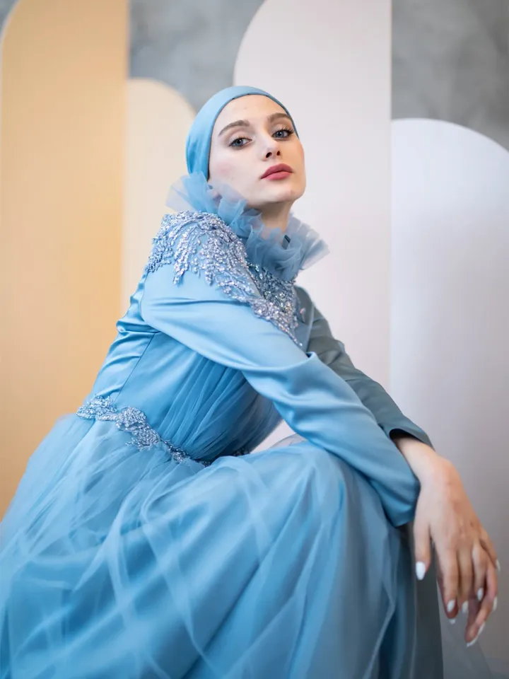 AHUNARE HIJAB - Rosa Blue Tulle Wedding Dress, Muslim Evening Gown, Nikah, Islamic Wedding, Engagement, Bridesmaid,