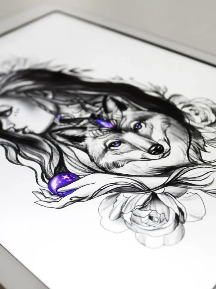 Wolf And Girl Tattoo Design Wolf Tattoo Design Woman Portrait Tattoo Sketch, Instant download JPG, PDF, PNG