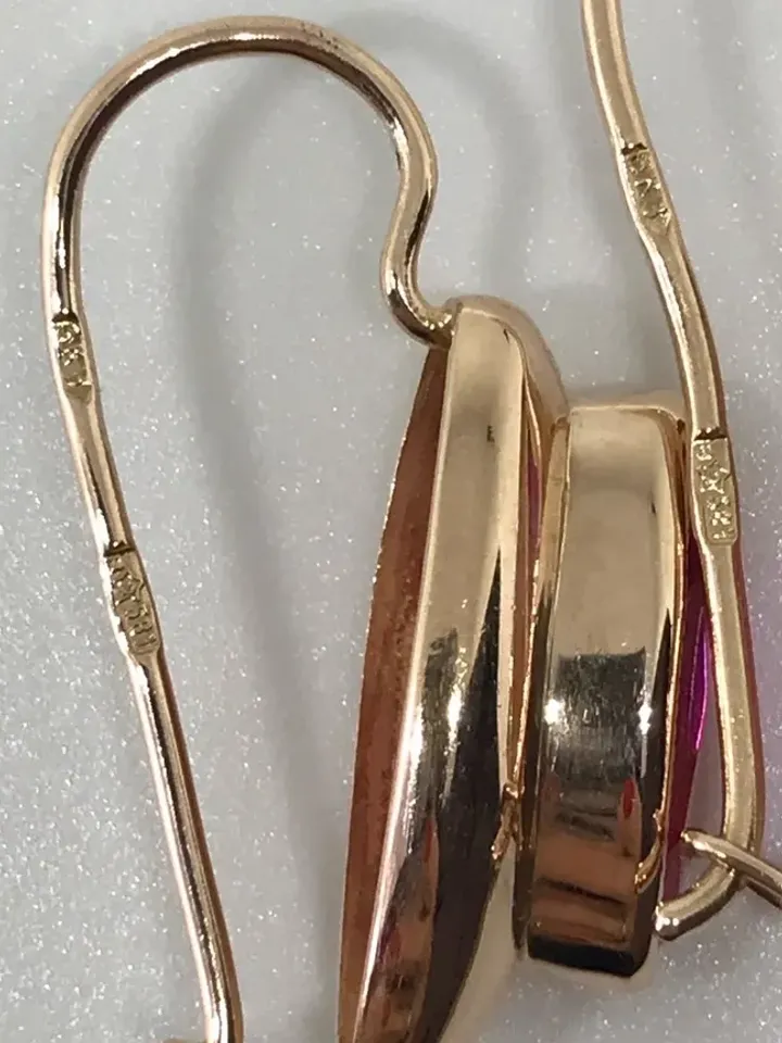 Graceful 14K Earrings Red Ruby Stone USSR 583 Rose Gold  Soviet Retro Russian Women's jewelry Vintage gift woman