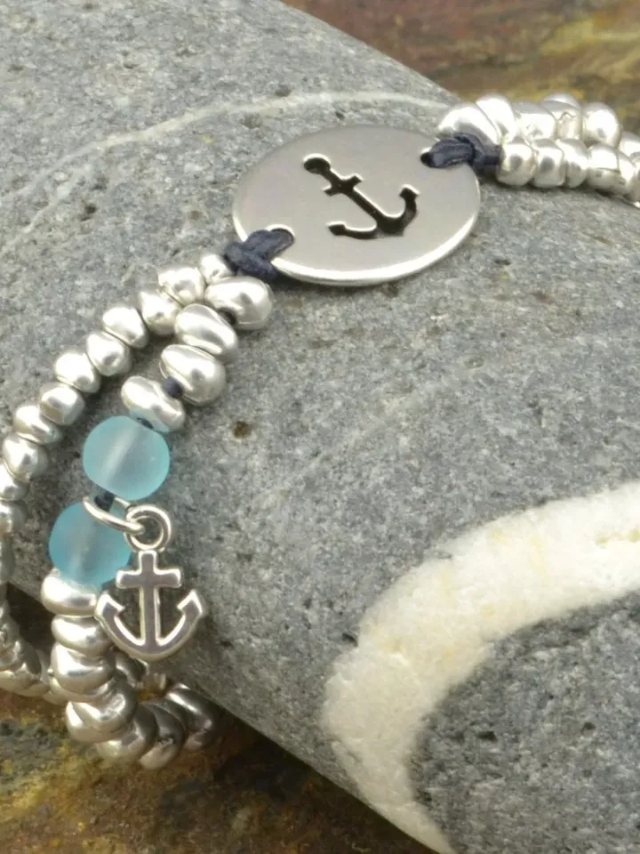 Silver Anchor Bracelet, Beaded Bracelet Anchor Charm, Bracelet Femme Bracelet Beads, Stacking Bracelet Anchor Charm, Girlfriend Gifts