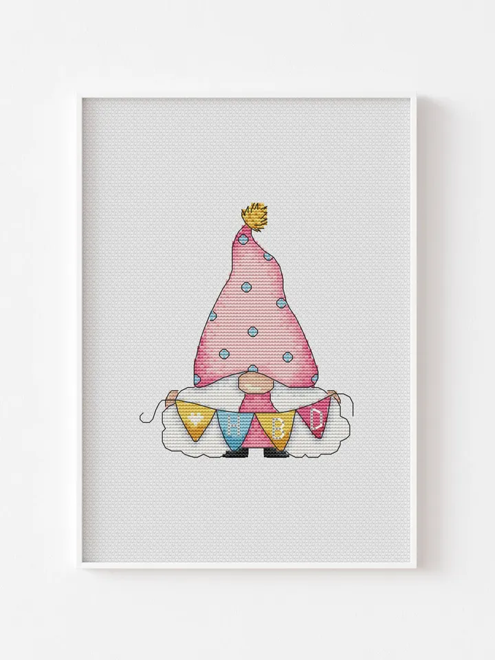 Birthday Gnome Cross Stitch Pattern, Watercolor Gnome Cross Stitch Pattern, Counted Blue Gnome Cross Stitch PDF Pattern