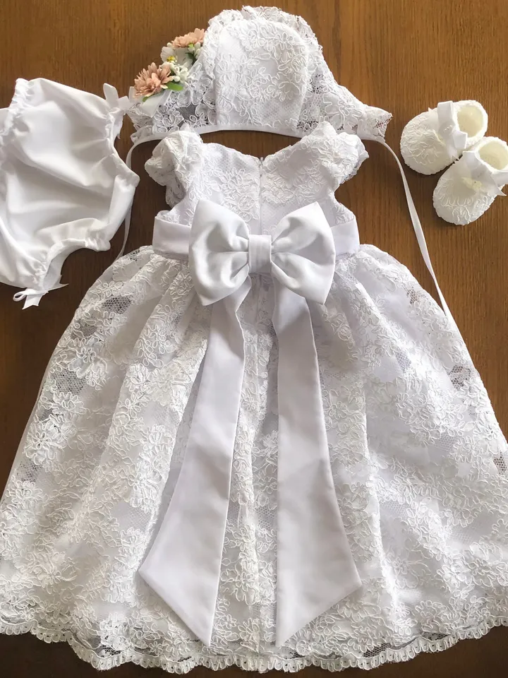 White dress white lace, pearls, 3d flowers, bonnet with lace and flowers, booties and panties. Baptism outfit for baby girl.