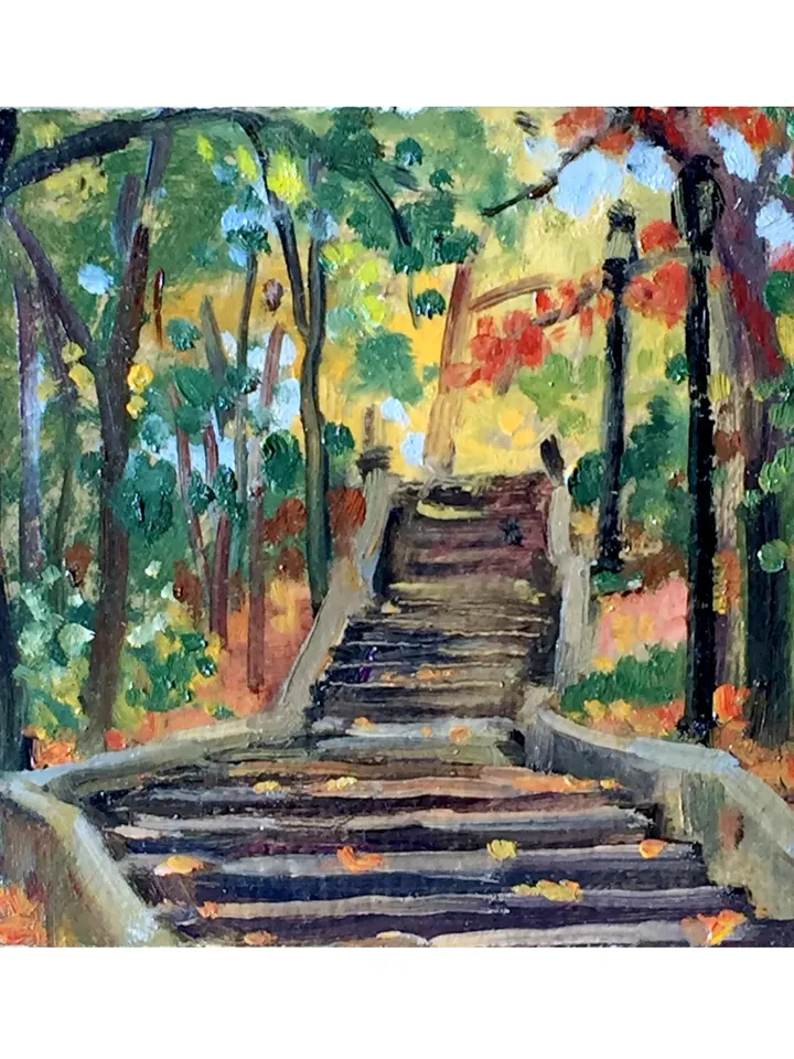 Small New York Park Landscape Painting - Isham Steps/Autumn - 6x6 Oil on Panel, Urban Impressionism, American Fine Art, Signed NYC Original