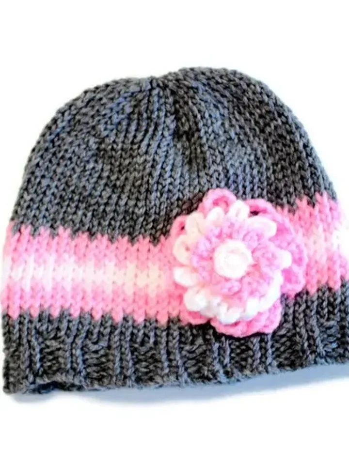 Little Girls Pink and Gray Hat with Flower, Toddler & Child Hats, Birthday or Christmas Gift Ideas for Girls, Sizes: 1-3 years or 4-12 years