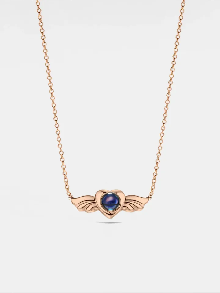 PERIMADE Angel Wing Projection Necklace • Personalized Picture Inside Pendant • Sterling Silver Keepsake Jewelry • Trendy Best Friend Gift