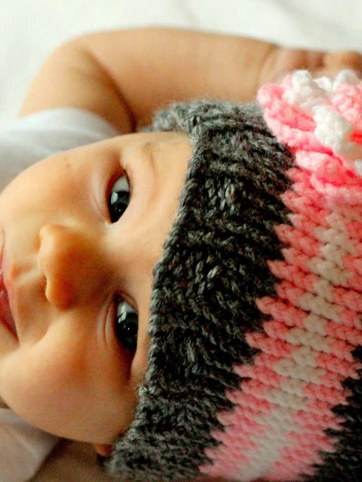 Little Girls Pink and Gray Hat with Flower, Infant's First Hat, Gender Reveal Prop, Baby Shower Gift for Girls, Sizes: Preemie & 0-3 months