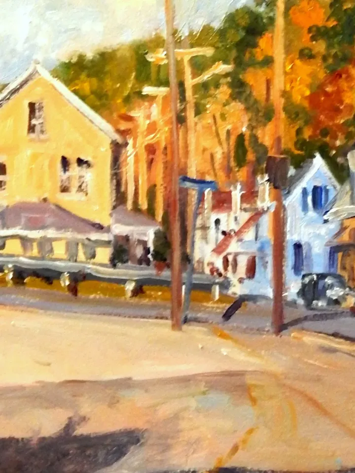 10x20 Autumn Landscape Painting -Houses and Poles/Berkshires- Oil on Panel, American Plein Air Impressionist Fine Art, Signed Original