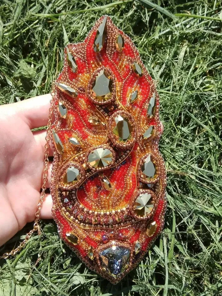 Gold salamander necklace beaded crystal necklace embroidered red pendant
