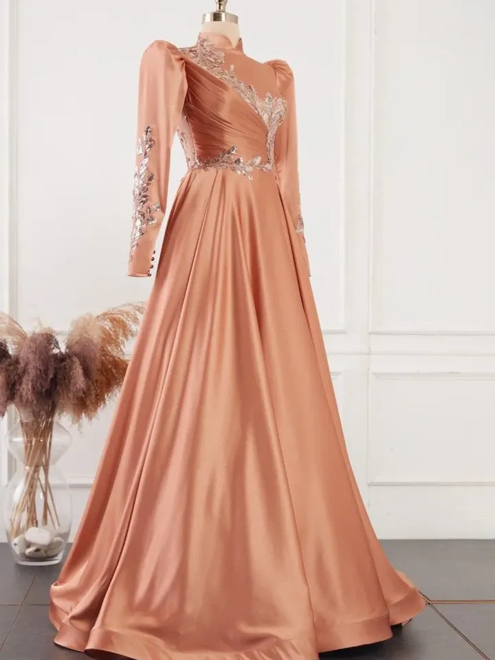 AHUNARE HIJAB - Nisa Salmon Satin Wedding Dress, Muslim Evening Gown, Nikah, Islamic Wedding, Engagement, Bridesmaid,