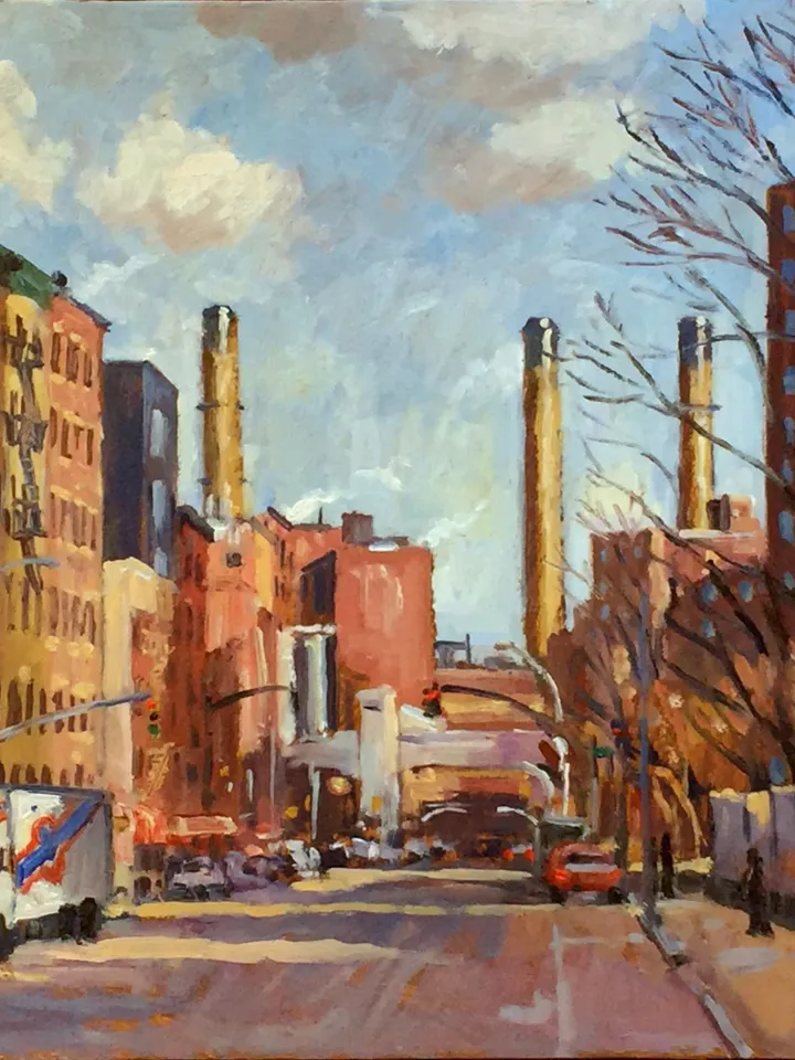 New York Cityscape Painting - Winter Light/Avenue D/NYC- 14x14 Oil on Panel, Urban Impressionist Fine Art, American Realism, Signed Original